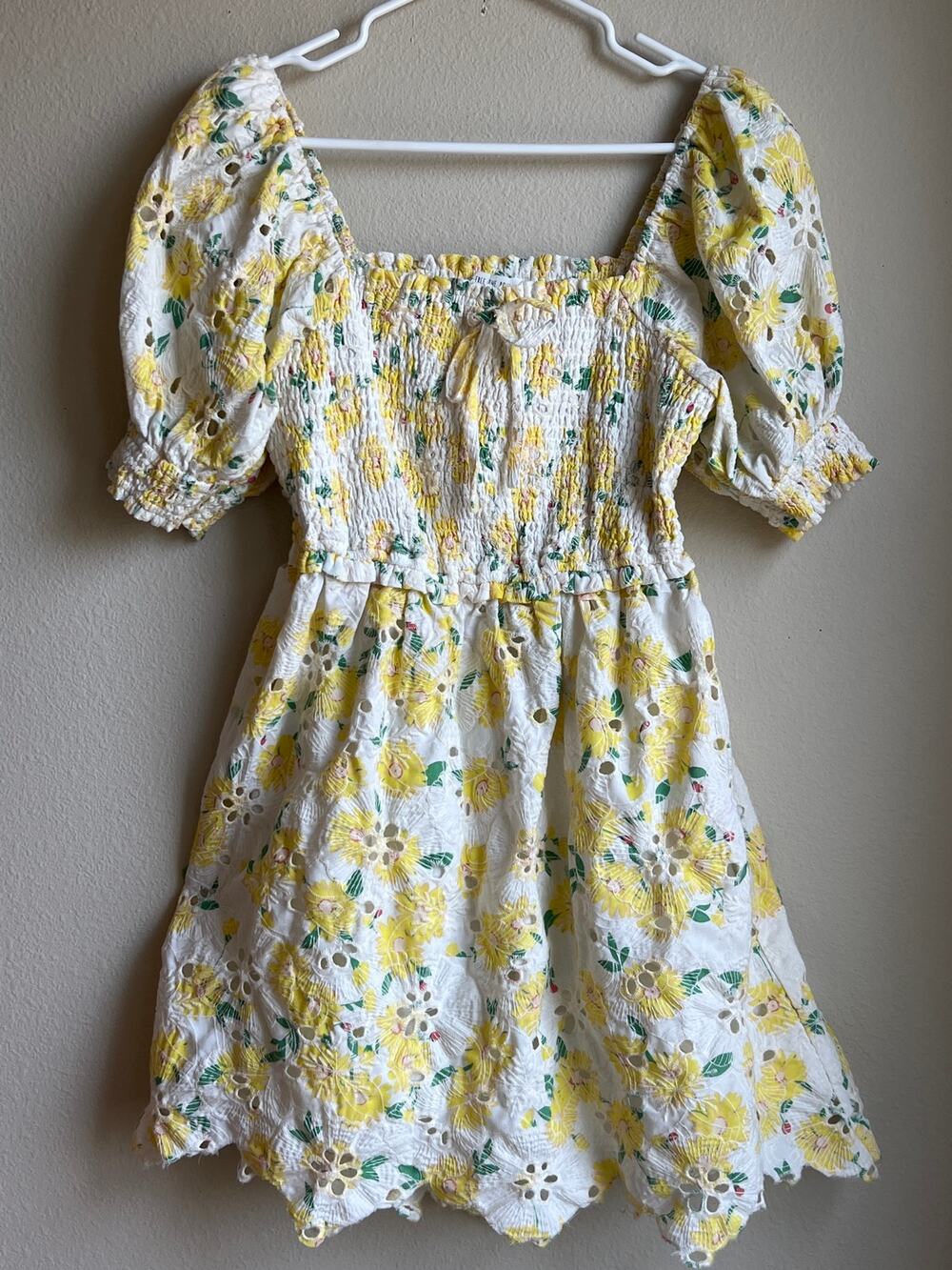 Free The Roses Yellow Floral Eyelet Smocked Puff Sleeve Mini Dress Small
